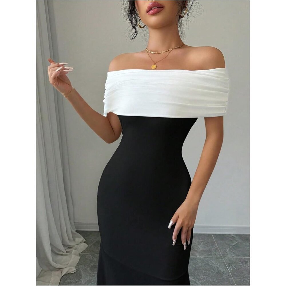 Women's Color Block Fishtail Maxi Dress Off Shoulder Bodycon for Events - Picture 3 of 5